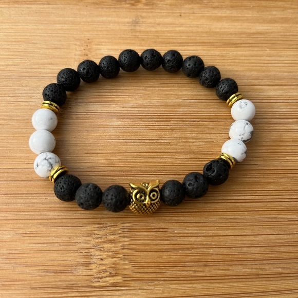 Hand Crafted Jewelry - Black Lava Stone Natural White Howlite Owl Charm Bracelet